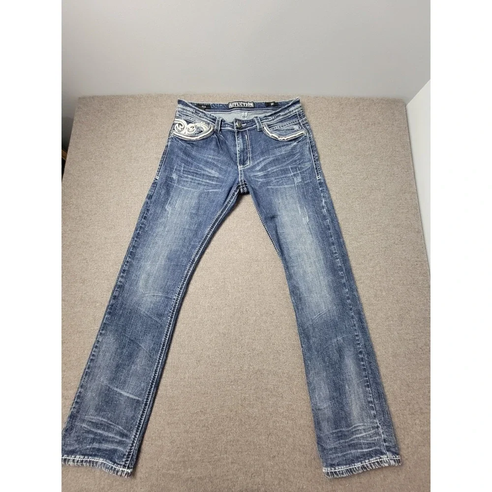 Affliction Men's 34 Ace Straight Jeans Blue Distressed Embroidered Premium Denim - Picture 2 of 12